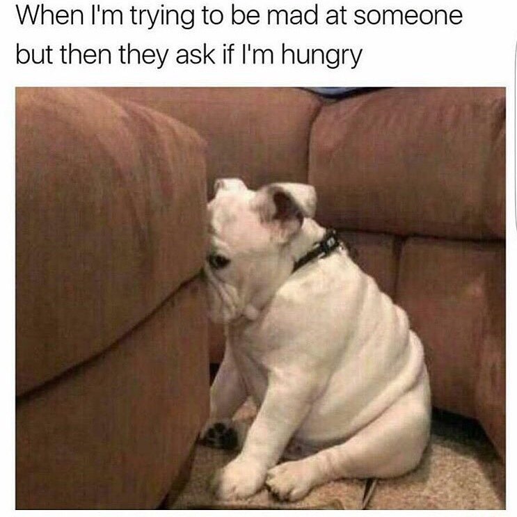 When I'm trying to be mad at someone but then they ask if I'm hungry