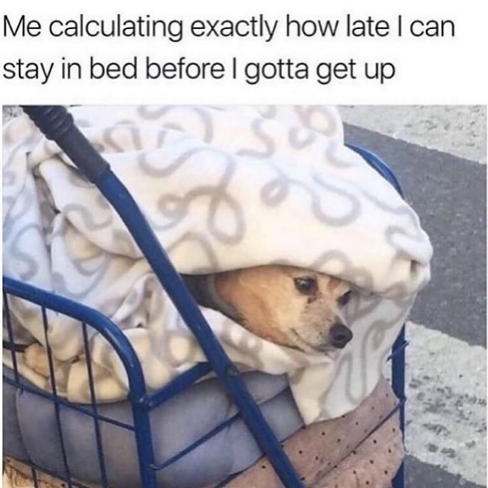 Me calculating exactly how late I can stay in bed before I gotta get up 8