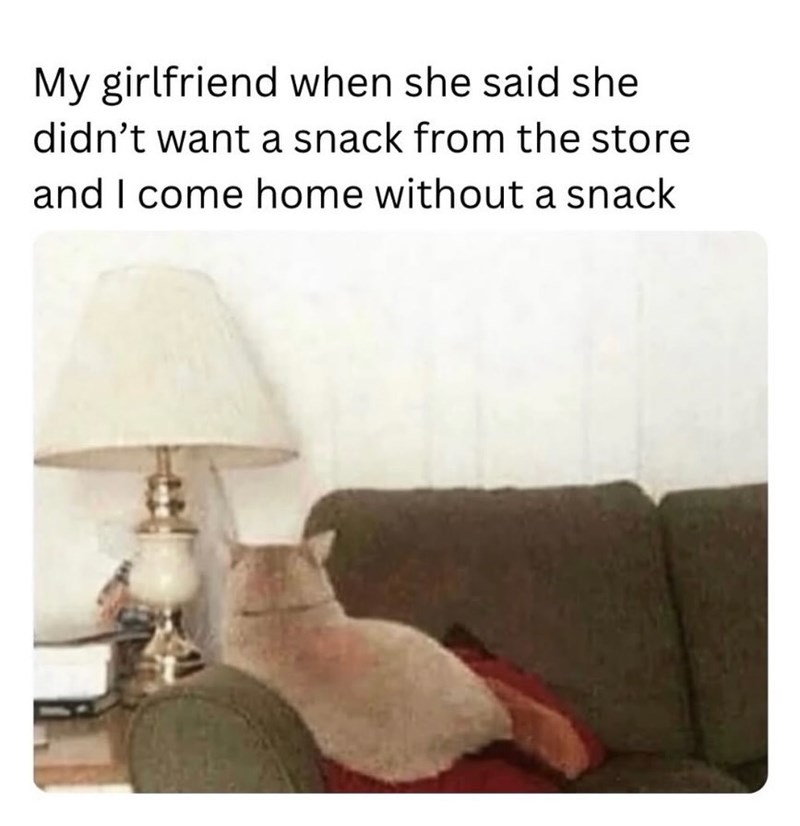 My girlfriend when she said she didn't want a snack from the store and I come home without a snack