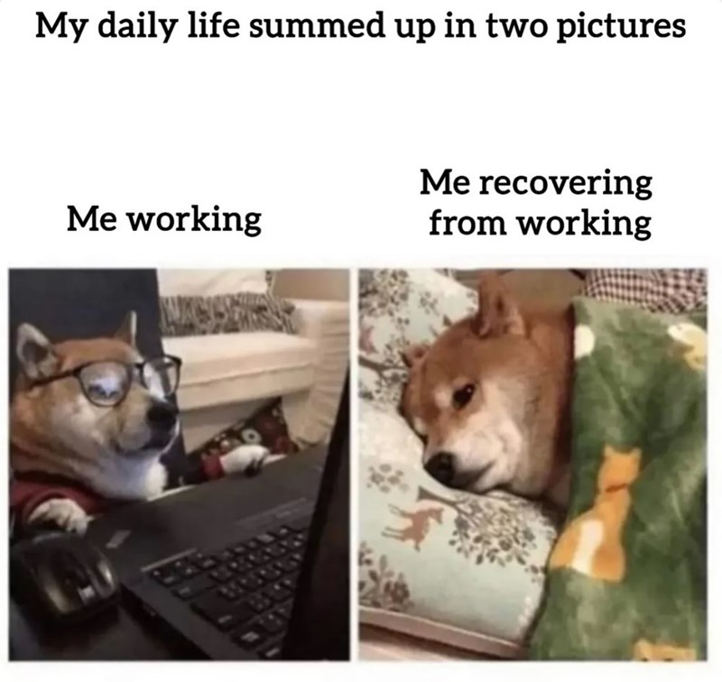 My daily life summed up in two pictures Me recovering Me working from working
