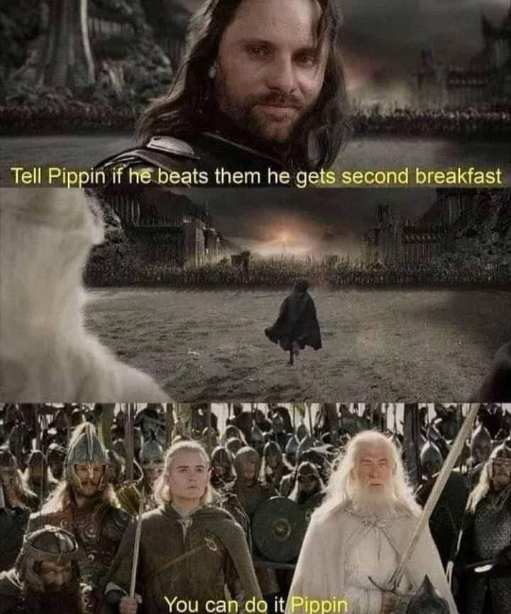 Tell Pippin if he beats them he gets second breakfast You can do it Pippin