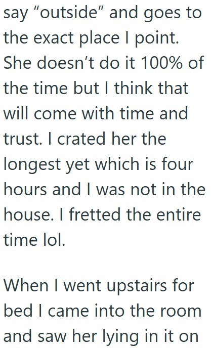 say "outside" and goes to the exact place I point. She doesn't do it 100% of the time but I think that will come with time and trust. I crated her the longest yet which is four hours and I was not in the house. I fretted the entire time lol. When I went upstairs for bed I came into the room and saw her lying in it on