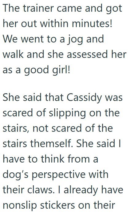 The trainer came and got her out within minutes! We went to a jog and walk and she assessed her as a good girl! She said that Cassidy was scared of slipping on the stairs, not scared of the stairs themself. She said I have to think from a dog's perspective with their claws. I already have nonslip stickers on their