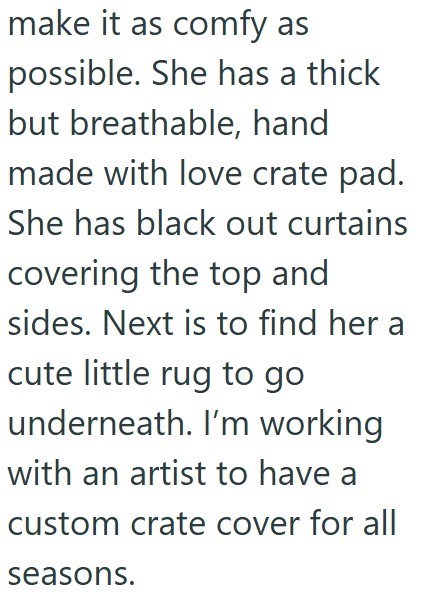 make it as comfy as possible. She has a thick but breathable, hand made with love crate pad. She has black out curtains covering the top and sides. Next is to find her a cute little rug to go underneath. I'm working with an artist to have a custom crate cover for all seasons.