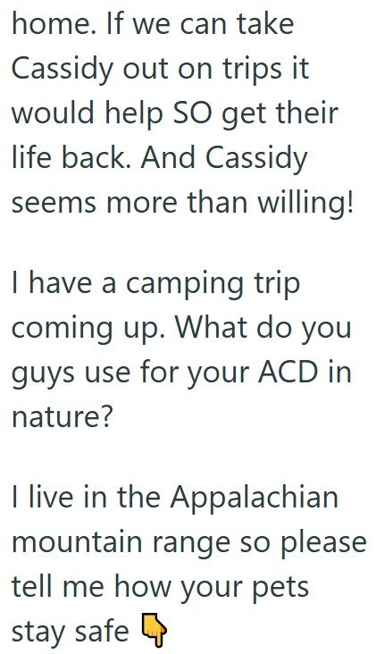 home. If we can take Cassidy out on trips it would help SO get their life back. And Cassidy seems more than willing! I have a camping trip coming up. What do you guys use for your ACD in nature? I live in the Appalachian mountain range so please tell me how your pets stay safe