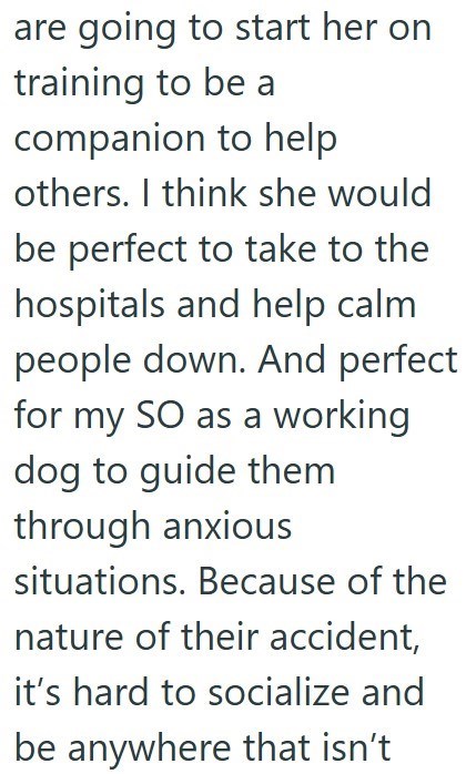 are going to start her on training to be a companion to help others. I think she would be perfect to take to the hospitals and help calm people down. And perfect for my SO as a working dog to guide them through anxious situations. Because of the nature of their accident, it's hard to socialize and be anywhere that isn't