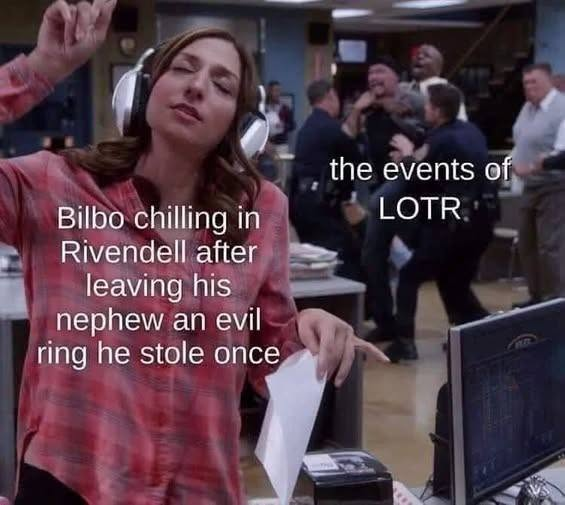 Bilbo chilling in Rivendell after leaving his nephew an evil ring he stole once the events of LOTR