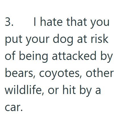 3. I hate that you put your dog at risk of being attacked by bears, coyotes, other wildlife, or hit by a car.