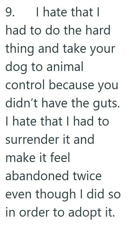 9. I hate that I had to do the hard thing and take your dog to animal control because you didn't have the guts. I hate that I had to surrender it and make it feel abandoned twice even though I did so in order to adopt it.
