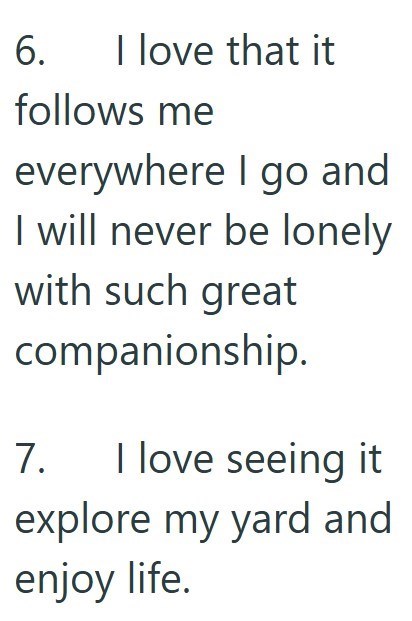 6. I love that it follows me everywhere I go and I will never be lonely with such great companionship. 7. I love seeing it explore my yard and enjoy life.