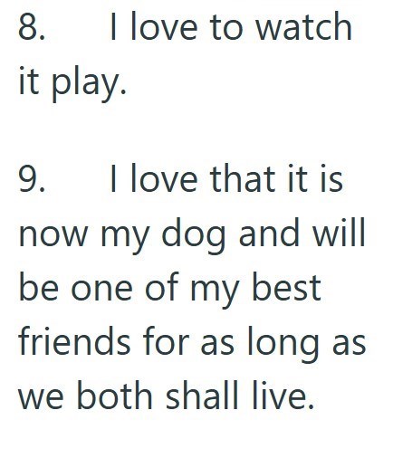 8. I love to watch it play. 9. I love that it is now my dog and will be one of my best friends for as long as we both shall live.
