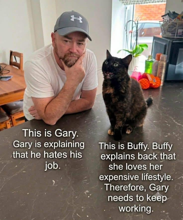 This is Gary. Gary is explaining that he hates his job. This is Buffy. Buffy explains back that she loves her expensive lifestyle. Therefore, Gary needs to keep working.