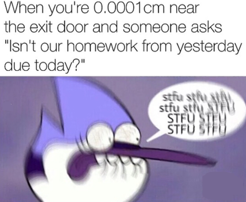 When you're 0.0001cm near the exit door and someone asks "Isn't our homework from yesterday due today?" WA stfu stru stfu stfu SV STFU STE STFU STEE