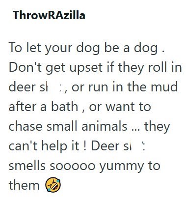 ThrowRAzilla To let your dog be a dog. Don't get upset if they roll in deer sl, or run in the mud after a bath, or want to chase small animals ... they can't help it! Deer si smells sooooo yummy to them
