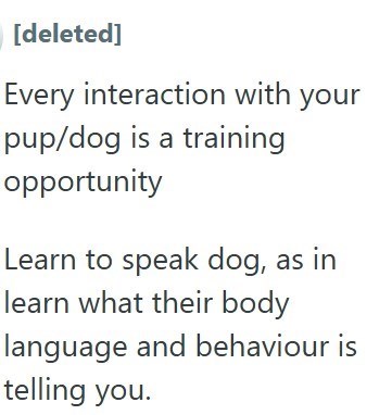 [deleted] Every interaction with your pup/dog is a training opportunity Learn to speak dog, as in learn what their body language and behaviour is telling you.