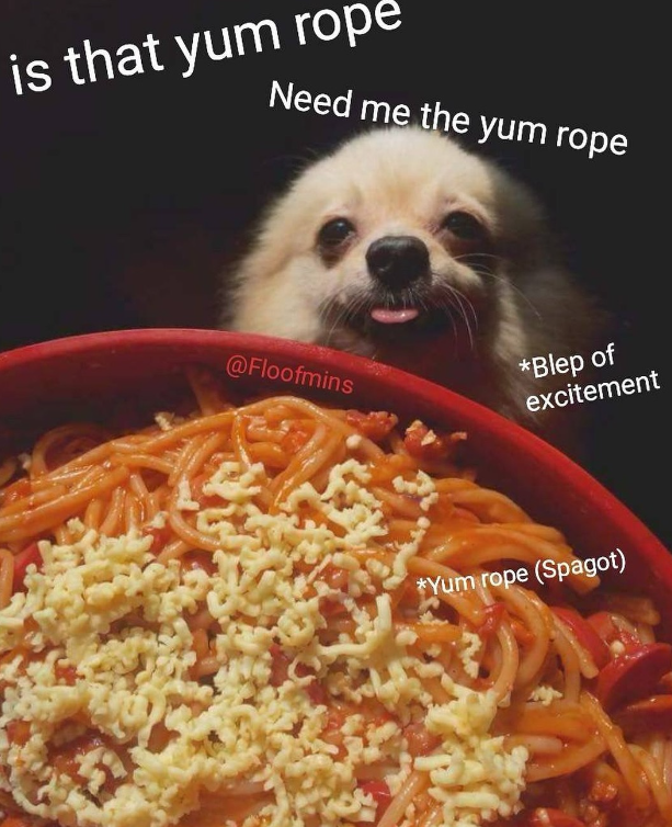 is that yum rope Need me the yum rope @Floofmins *Blep of excitement *Yum rope (Spagot)