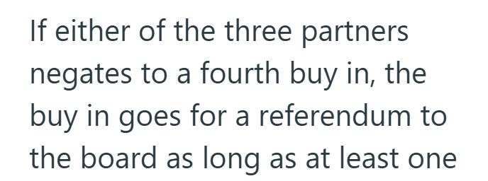 If either of the three partners negates to a fourth buy in, the buy in goes for a referendum to the board as long as at least one