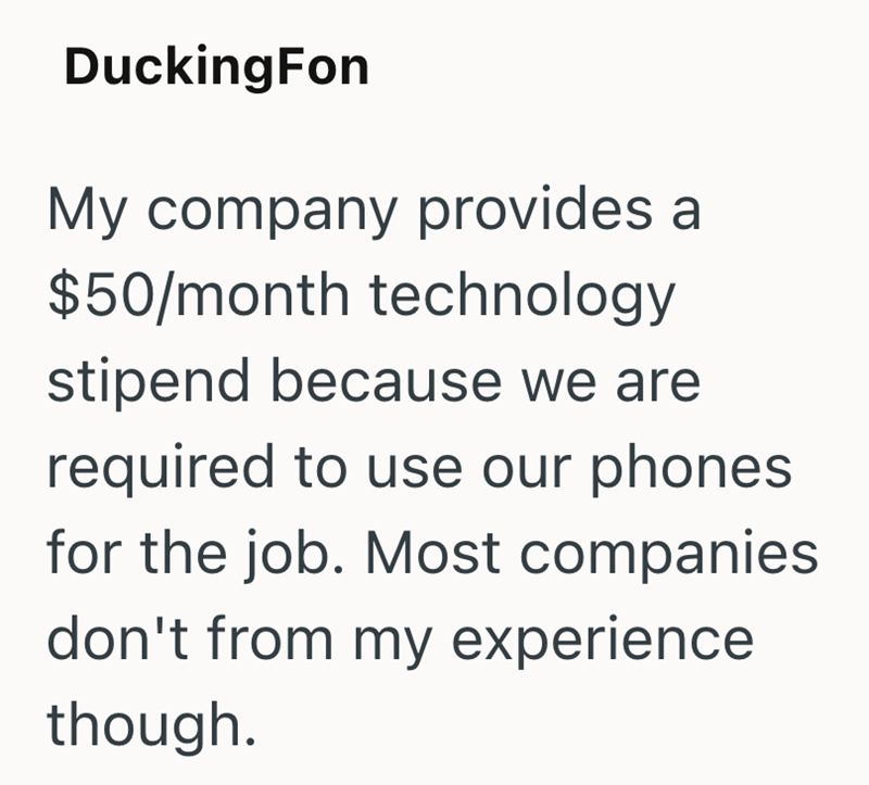 DuckingFon My company provides a $50/month technology stipend because we are required to use our phones for the job. Most companies don't from my experience though.