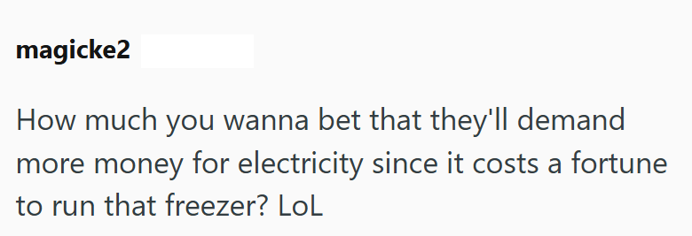 magicke2 How much you wanna bet that they'll demand more money for electricity since it costs a fortune to run that freezer? LoL