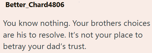 Better_Chard4806 You know nothing. Your brothers choices are his to resolve. It's not your place to betray your dad's trust.
