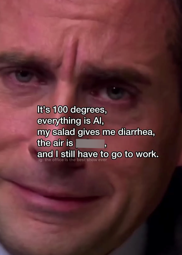 It's 100 degrees, everything is Al, my salad gives me diarrhea, the air is and I still have to go to work. ig: the office is the best show ever