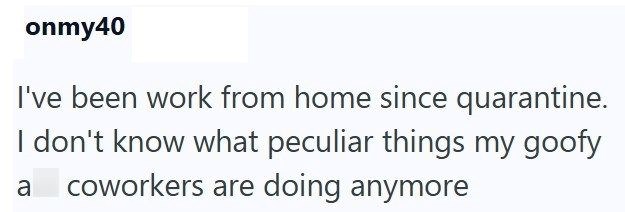 onmy40 I've been work from home since quarantine. I don't know what peculiar things my goofy a coworkers are doing anymore