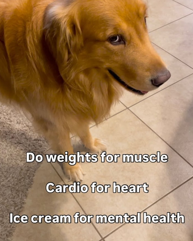 Do weights for muscle Cardio for heart Ice cream for mental health