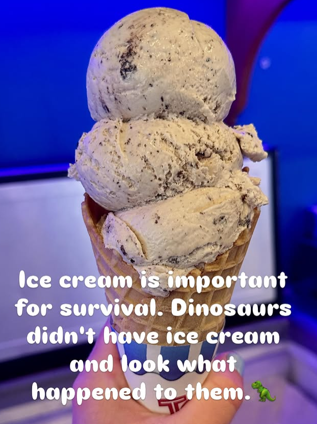 Ice cream is important for survival. Dinosaurs didn't have ice cream and look what happened to them.