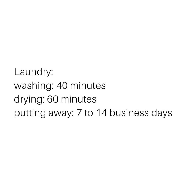 Laundry: washing: 40 minutes drying: 60 minutes putting away: 7 to 14 business days