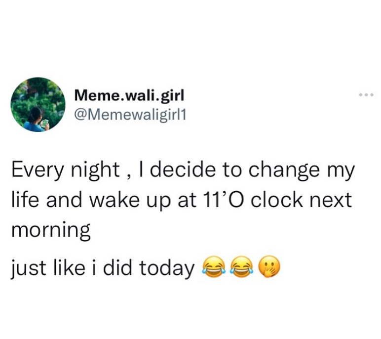 Meme.wali.girl @Memewaligirl1 Every night, I decide to change my life and wake up at 11'0 clock next morning just like i did today