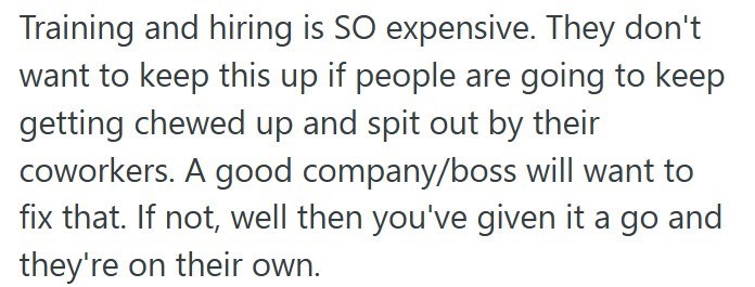 Training and hiring is SO expensive. They don't want to keep this up if people are going to keep getting chewed up and spit out by their coworkers. A good company/boss will want to fix that. If not, well then you've given it a go and they're on their own.