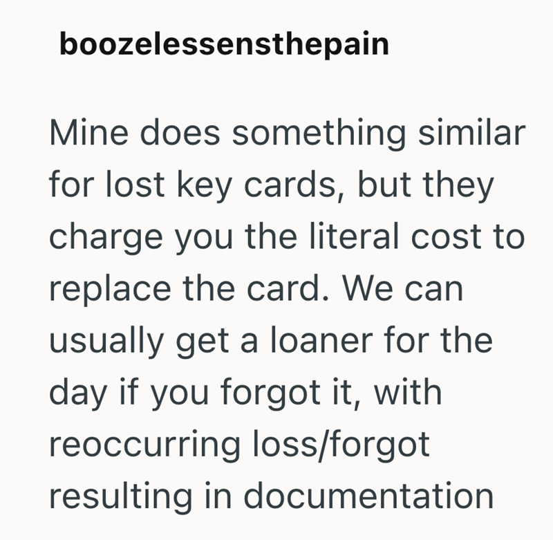 boozelessensthepain Mine does something similar for lost key cards, but they charge you the literal cost to replace the card. We can usually get a loaner for the day if you forgot it, with reoccurring loss/forgot resulting in documentation