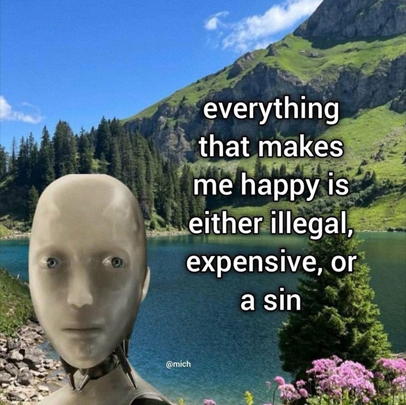 @mich everything that makes me happy is either illegal, expensive, or a sin