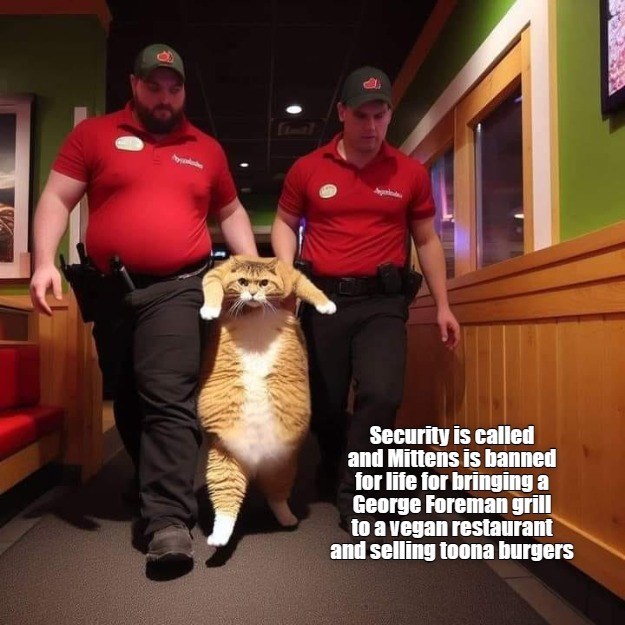 Security is called and Mittens is banned for life for bringing a George Foreman grill to a vegan restaurant and selling toona burgers