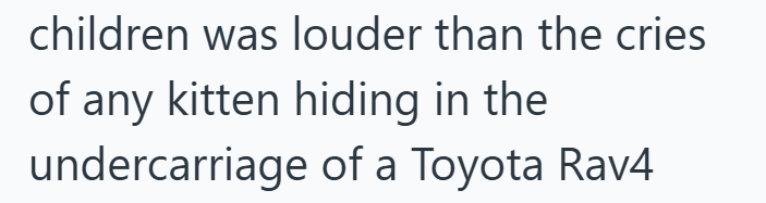 children was louder than the cries of any kitten hiding in the undercarriage of a Toyota Rav4