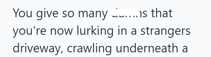 You give so many …………..s that you're now lurking in a strangers driveway, crawling underneath a