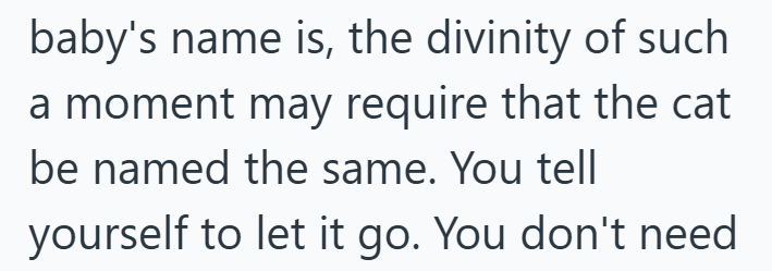 baby's name is, the divinity of such a moment may require that the cat be named the same. You tell yourself to let it go. You don't need