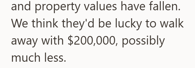 and property values have fallen. We think they'd be lucky to walk away with $200,000, possibly much less.