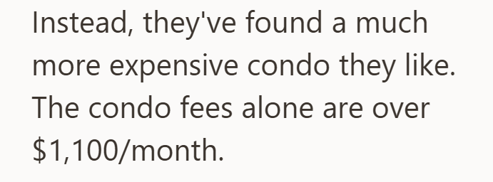 Instead, they've found a much more expensive condo they like. The condo fees alone are over $1,100/month.