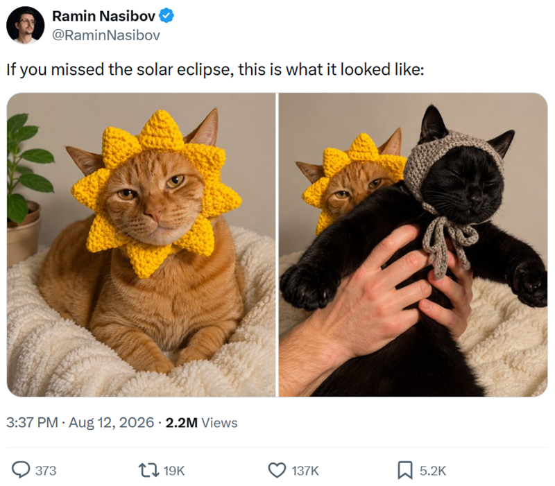 Ramin Nasibov @Ramin Nasibov If you missed the solar eclipse, this is what it looked like: 3:37 PM - Aug 12, 2026 2.2M Views 373 19K 137K 5.2K