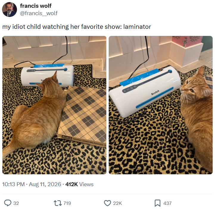 francis wolf @francis_wolf my idiot child watching her favorite show: laminator Scotch THERMAL LAMINATING POUCHES 10:13 PM. Aug 11, 2026 412K Views 32 [ 719 Scotch 22K 437 NOO"