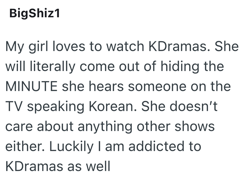 BigShiz1 My girl loves to watch KDramas. She will literally come out of hiding the MINUTE she hears someone on the TV speaking Korean. She doesn't care about anything other shows either. Luckily I am addicted to KDramas as well