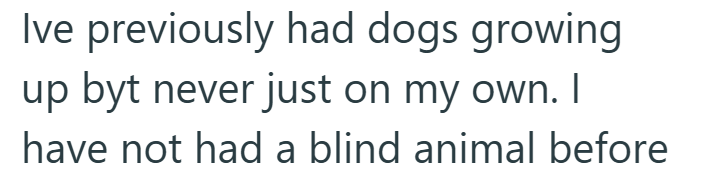 Ive previously had dogs growing up byt never just on my own. I have not had a blind animal before