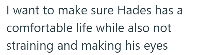 I want to make sure Hades has a comfortable life while also not straining and making his eyes