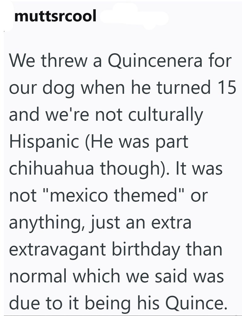 muttsrcool We threw a Quincenera for our dog when he turned 15 and we're not culturally Hispanic (He was part chihuahua though). It was not "mexico themed" or anything, just an extra extravagant birthday than normal which we said was due to it being his Quince.
