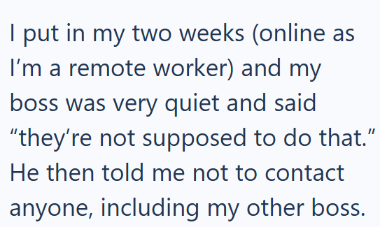 I put in my two weeks (online as I'm a remote worker) and my boss was very quiet and said "they're not supposed to do that." He then told me not to contact anyone, including my other boss.