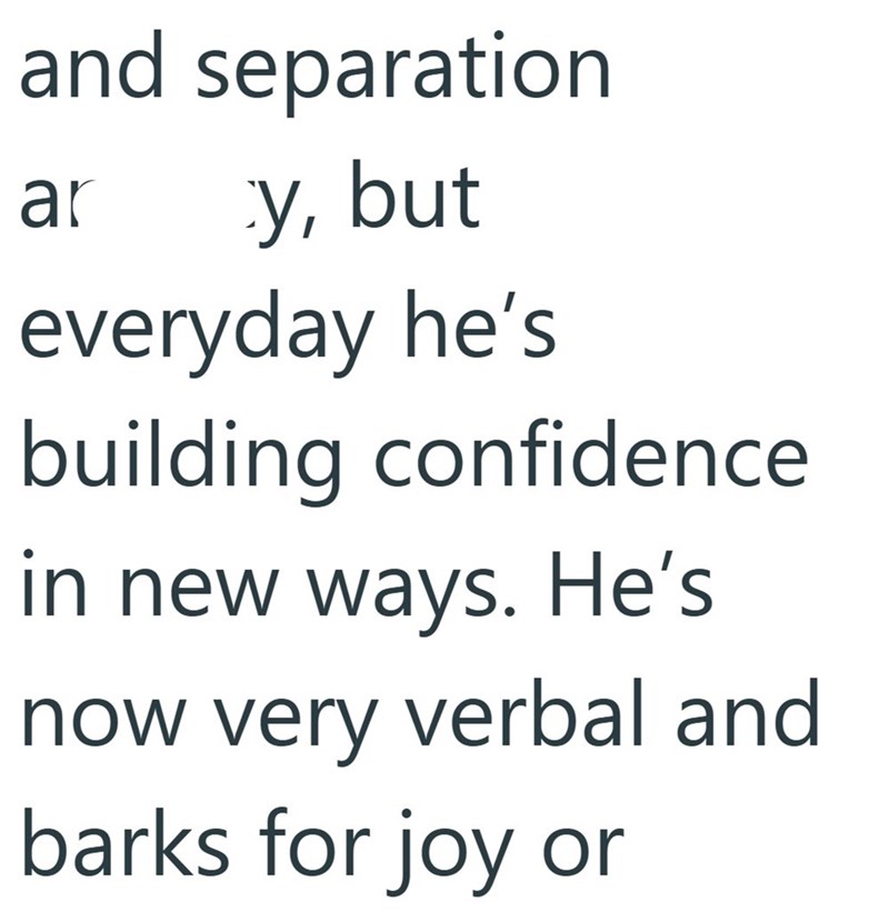and separation ar y, but everyday he's building confidence in new ways. He's now very verbal and barks for joy or