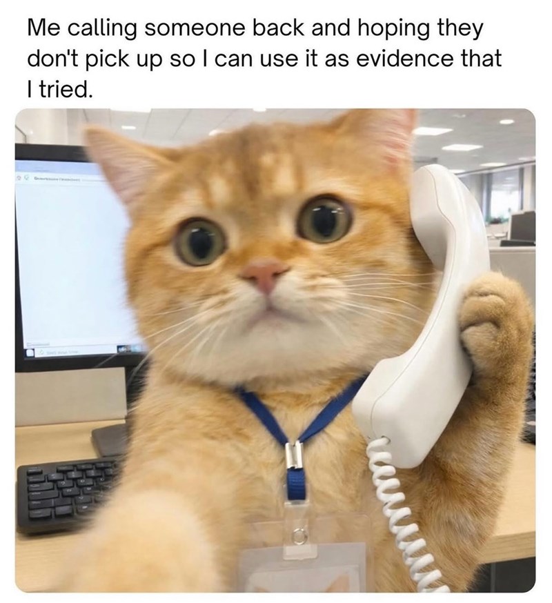 Me calling someone back and hoping they don't pick up so I can use it as evidence that I tried.