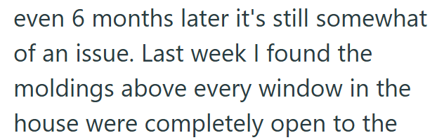 even 6 months later it's still somewhat of an issue. Last week I found the moldings above every window in the house were completely open to the