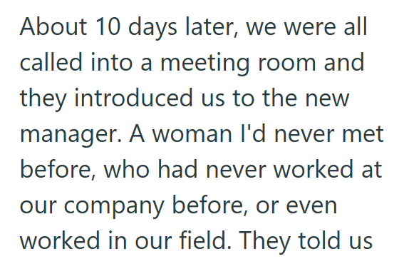 About 10 days later, we were all called into a meeting room and they introduced us to the new manager. A woman I'd never met before, who had never worked at our company before, or even worked in our field. They told us